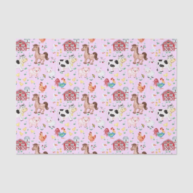 Cute Farm Animals Barnyard Pink Background Tissue Paper (Front)
