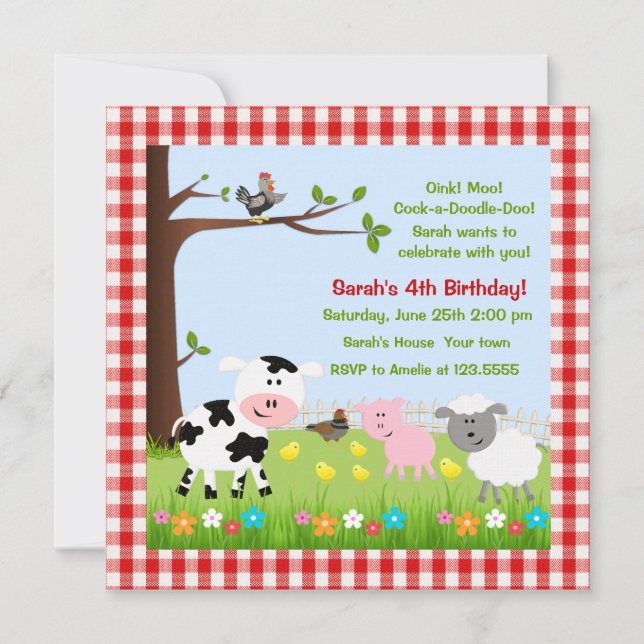Cute Farm Animals Birthday Party Invitations (Front)