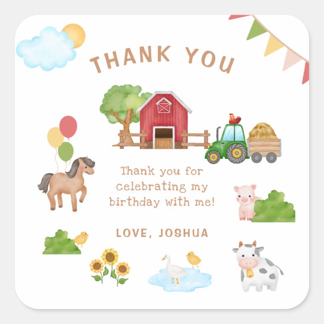 Cute Farm Animals Birthday Thank You Favour Sticke Square Sticker (Front)