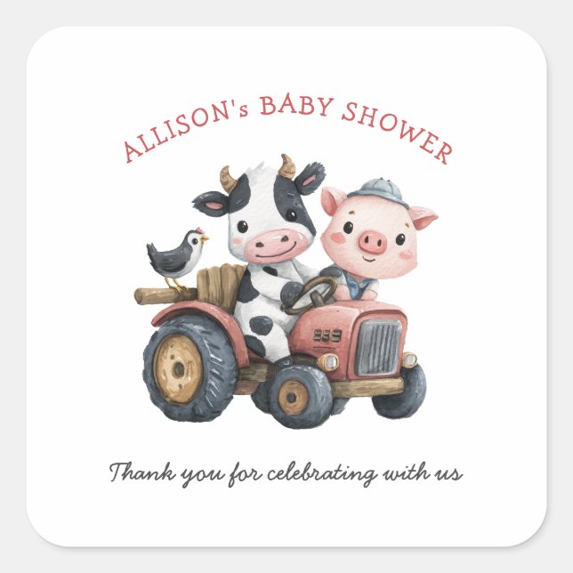 Cute Farm Animals Cow Pig Baby Shower Square Sticker (Front)