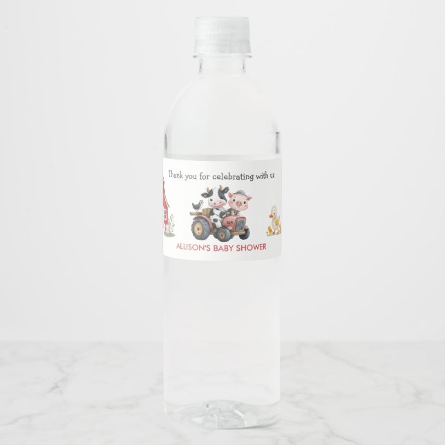 Cute Farm Animals Cow Pig Baby Shower Water Bottle Label (Front)
