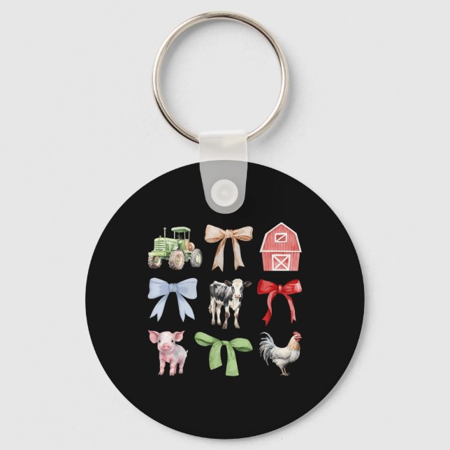 Cute Farm Animals Cow Pig Chicken Coquette Farmer  Keychain (Front)