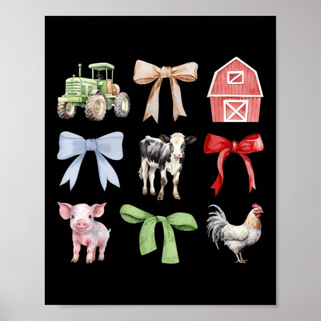 Cute Farm Animals Cow Pig Chicken Coquette Farmer  Poster (Front)