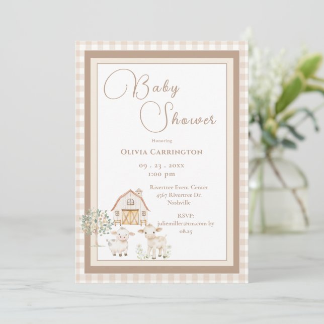 Cute Farm Animals Gingham  Baby Shower Invitation (Standing Front)