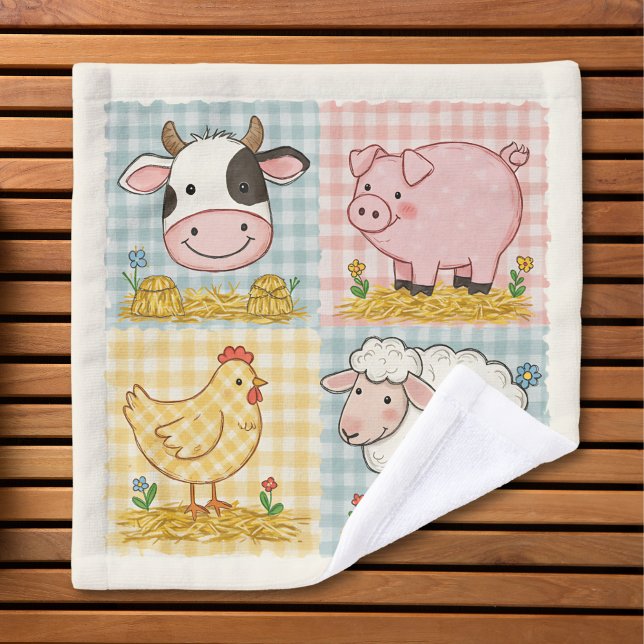 Cute Farm Animals Gingham Barnyard Wash Cloth (Creator Uploaded)