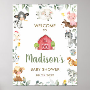 Cute Farm Animals Greenery Baby Shower Welcome  Poster