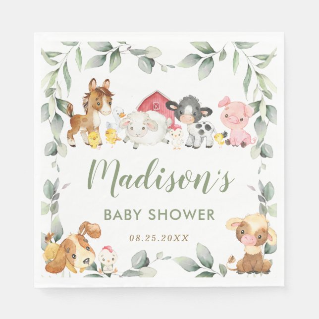 Cute Farm Animals Greenery Birthday Baby Shower Napkin (Front)