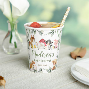 Cute Farm Animals Greenery Birthday Baby Shower Paper Cups