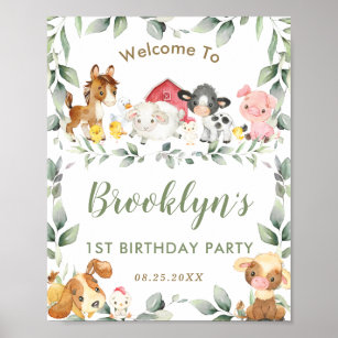 Cute Farm Animals Greenery Birthday Welcome Poster