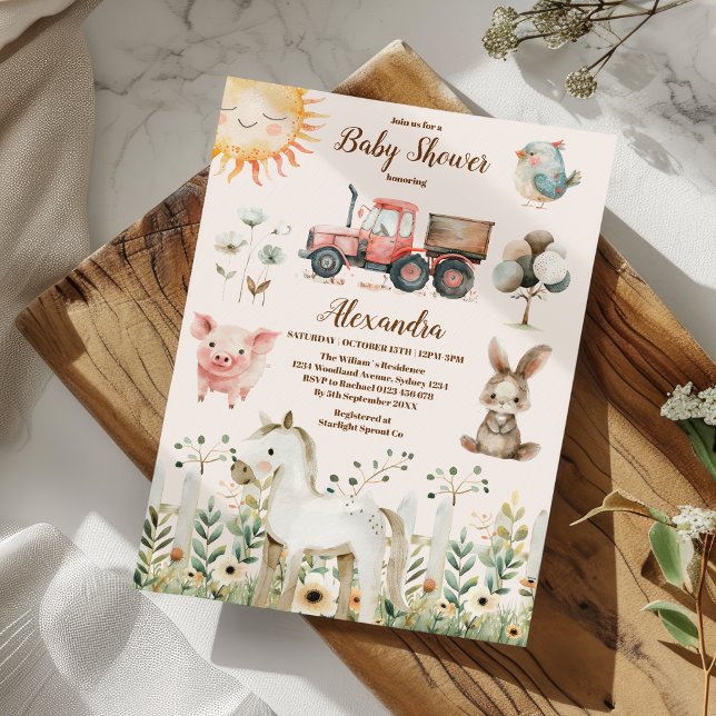 Cute Farm Animals Greenery Boy Barn Baby Shower Invitation (Creator Uploaded)