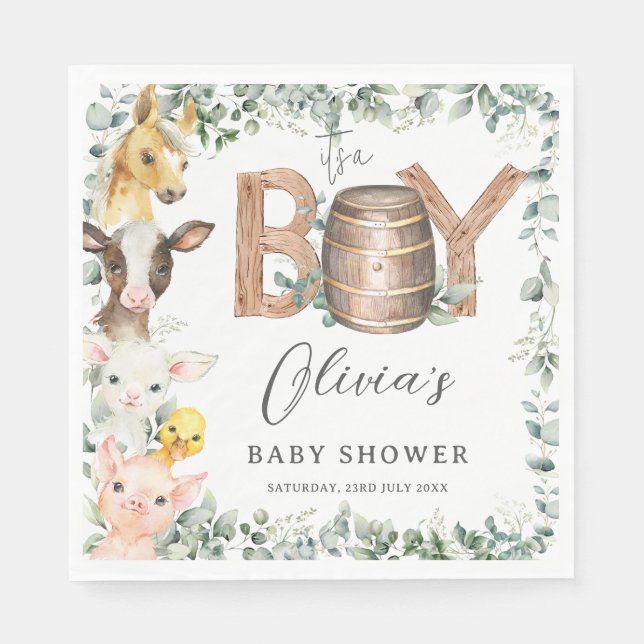 Cute Farm Animals Greenery Boy Barn Baby Shower  Napkin (Front)