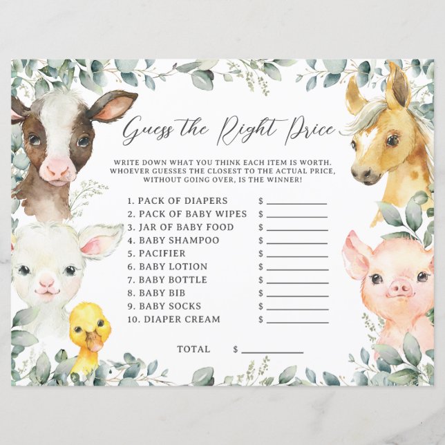 Cute Farm Animals Greenery Guess Right Price Game (Front)