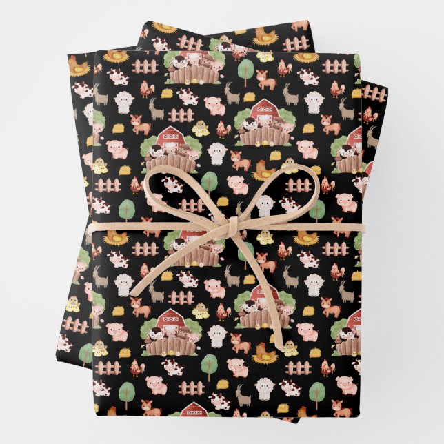 Cute Farm Animals on Black Wrapping Paper Sheet (In situ)