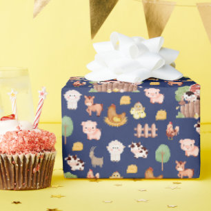 Cute Farm Animals on Navy Blue Wrapping Paper