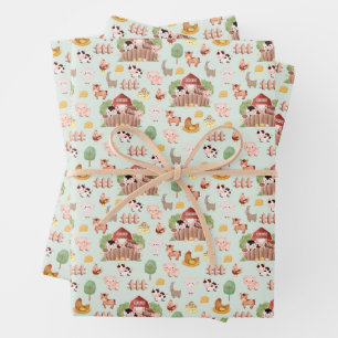 Cute Farm Animals on Pale Green Wrapping Paper Sheet