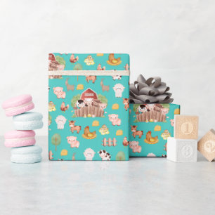 Cute Farm Animals on Turquoise Wrapping Paper