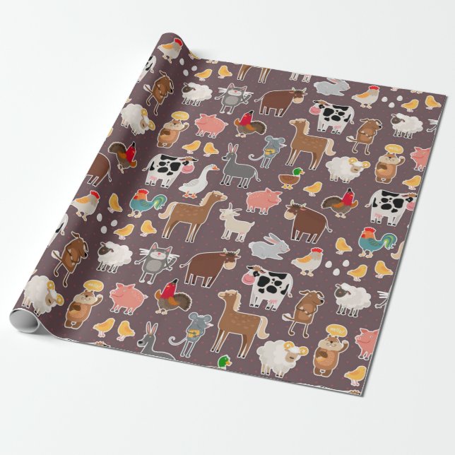 Cute Farm Animals Pattern Wrapping Paper (Unrolled)