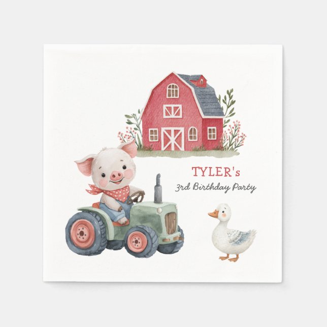 Cute Farm Animals Pig Birthday Party Napkin (Front)