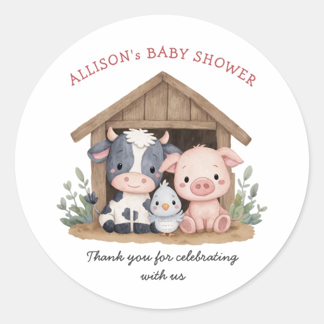 Cute Farm Animals Pig Cow Baby Shower Classic Round Sticker (Front)