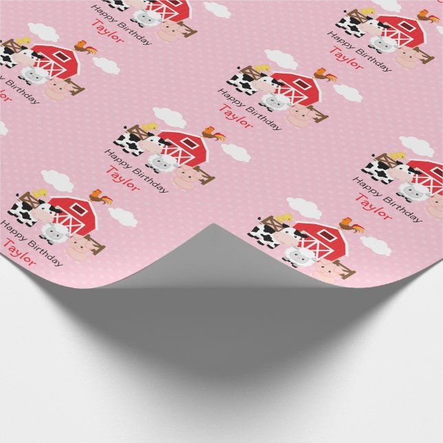 Cute Farm Animals (Pink) Birthday Personalized Wrapping Paper (Corner)