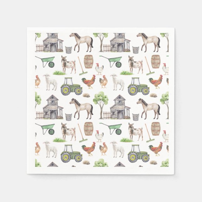 Cute Farm Animals Tractors Happy Birthday Napkin (Front)