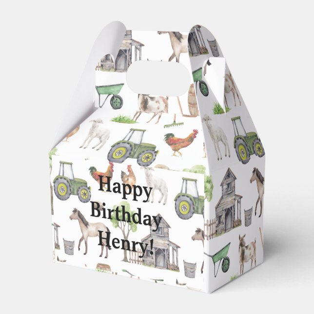 Cute Farm Animals Tractors Name Happy Favor Box (Front Side)
