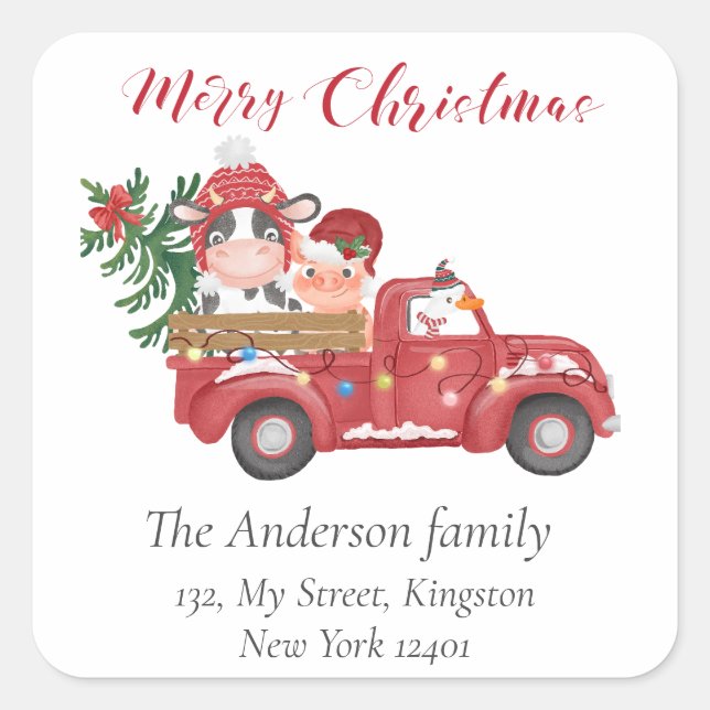 Cute Farm Animas Christmas Red truck, holly berry Square Sticker (Front)