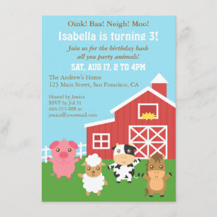 Cute Farm Barnyard Animal Birthday Party Invitation
