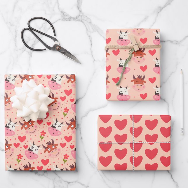 Cute Farm Bull Cow Wrapping Paper . Set of 3 (Front)