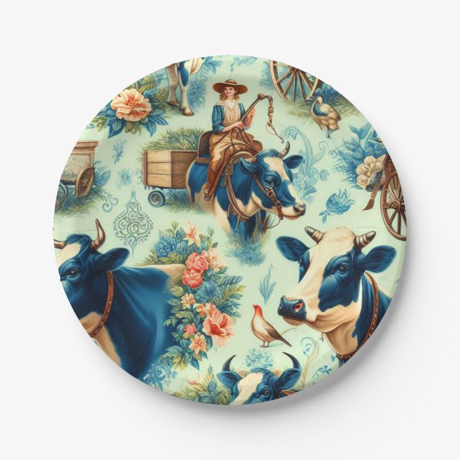 Cute Farm Cow Watercolor Painting Paper Plate (Front)