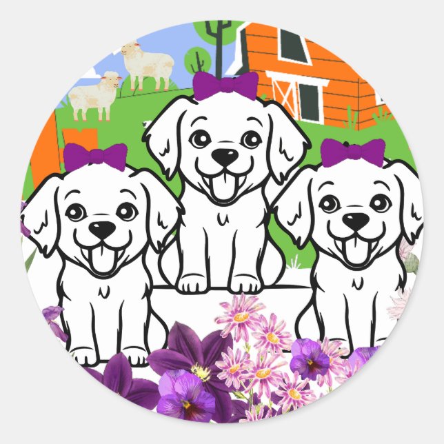 Cute Farm Dogs Classic Round Sticker (Front)