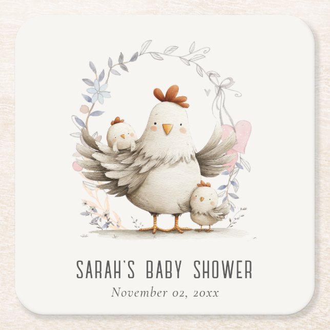 Cute Farm Mum and Baby Chick Floral Baby Shower Square Paper Coaster (Front)