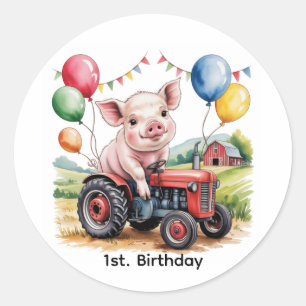 Cute Farm Pig On A Tractor 1st. Birthday Party Classic Round Sticker