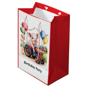Cute Farm Pig On A Tractor 1st. Birthday Party Medium Gift Bag