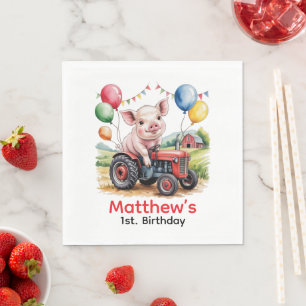 Cute Farm Pig On A Tractor 1st. Birthday Party Napkin