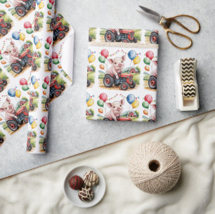 Cute Farm Pig On A Tractor 1st. Birthday Party Wrapping Paper