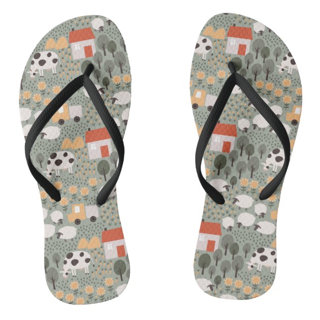 Cute Farm Scene Pattern Flip Flops (Footbed)