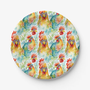 Cute Farm Watercolor Chickens Birthday Paper Plate