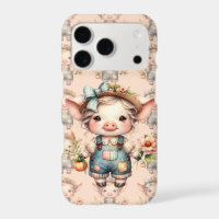 Cute Farmcore Pig in Overalls with Flowers