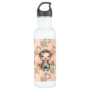 Cute Farmcore Pig in Overalls with Flowers 710 Ml Water Bottle