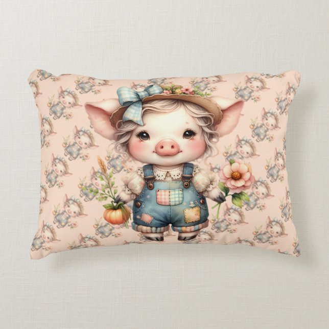 Cute Farmcore Pig in Overalls with Flowers Accent Pillow (Front)