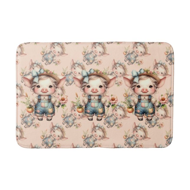 Cute Farmcore Pig in Overalls with Flowers Bath Mat (Front)