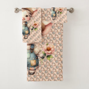 Cute Farmcore Pig in Overalls with Flowers Bath Towel Set