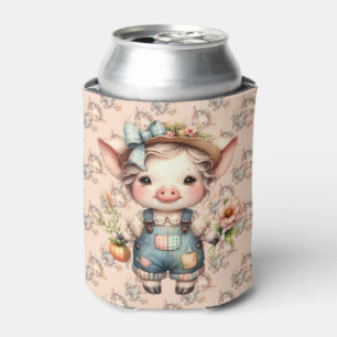 Cute Farmcore Pig in Overalls with Flowers Can Cooler