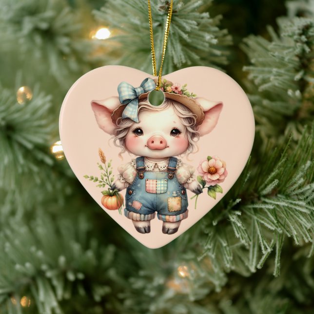 Cute Farmcore Pig in Overalls with Flowers Ceramic Ornament (Tree)