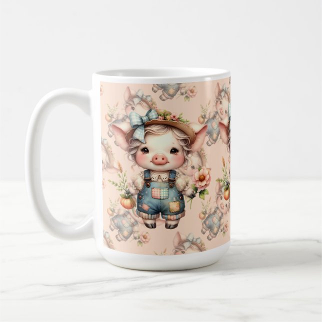 Cute Farmcore Pig in Overalls with Flowers Coffee Mug (Left)
