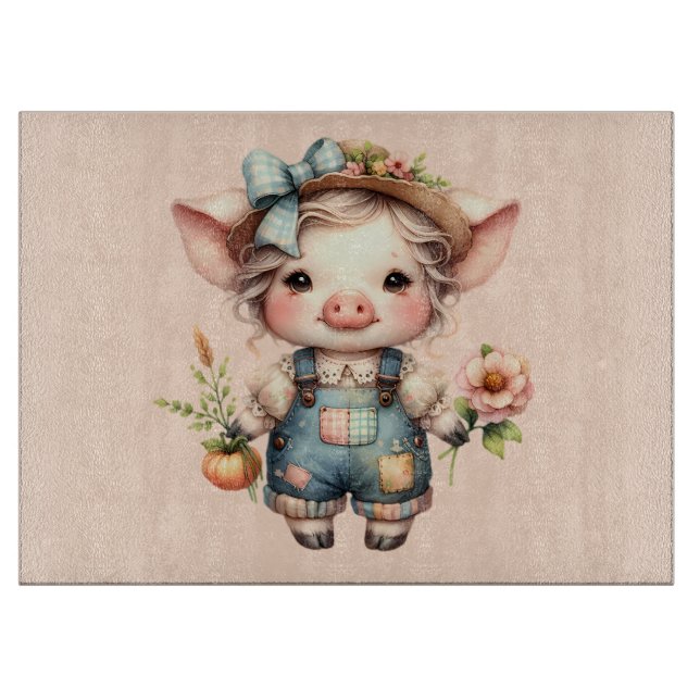 Cute Farmcore Pig in Overalls with Flowers Cutting Board (Front)