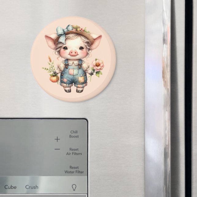 Cute Farmcore Pig in Overalls with Flowers Magnet (In Situ (Fridge))