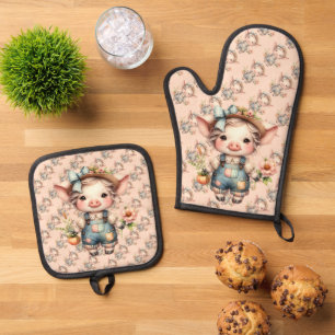 Cute Farmcore Pig in Overalls with Flowers Oven Mitt & Pot Holder Set