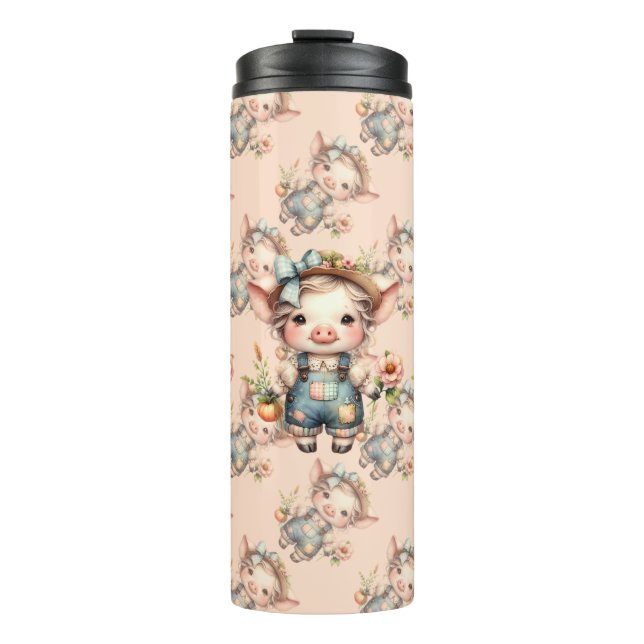 Cute Farmcore Pig in Overalls with Flowers Thermal Tumbler (Front)